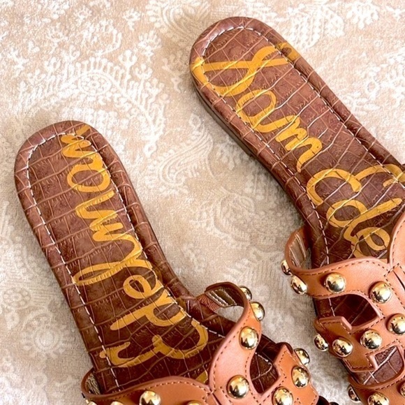Brand New Sam Edelman Genuine Leather Sandals Cognac w/ Gold Tone Studs - Picture 5 of 14